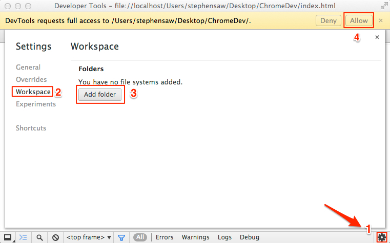 Add folder to workspace in DevTools setting