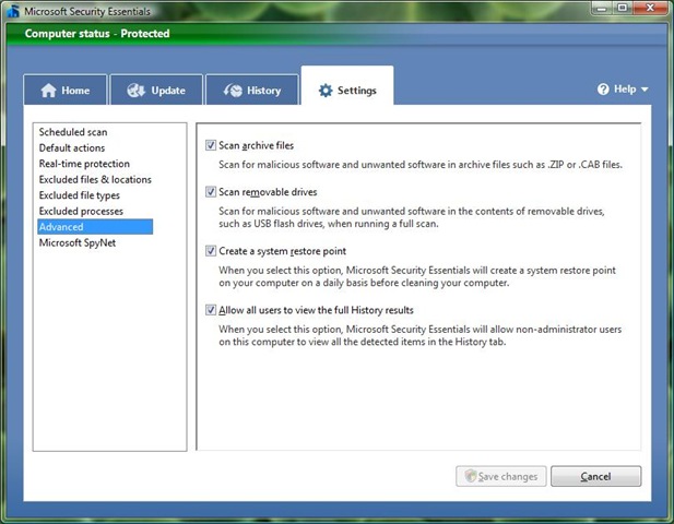 Microsoft Security Essentials settings tab