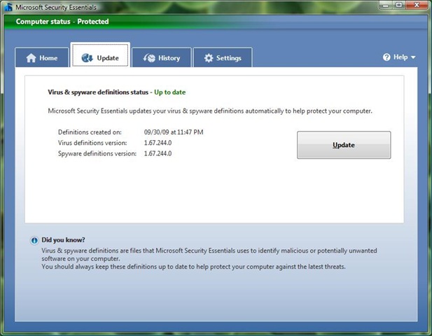 Microsoft Security Essentials update tab