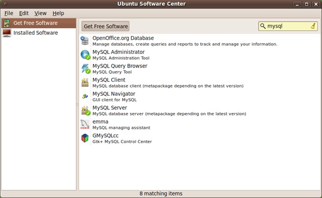 Ubuntu Software Center searching for MySQL