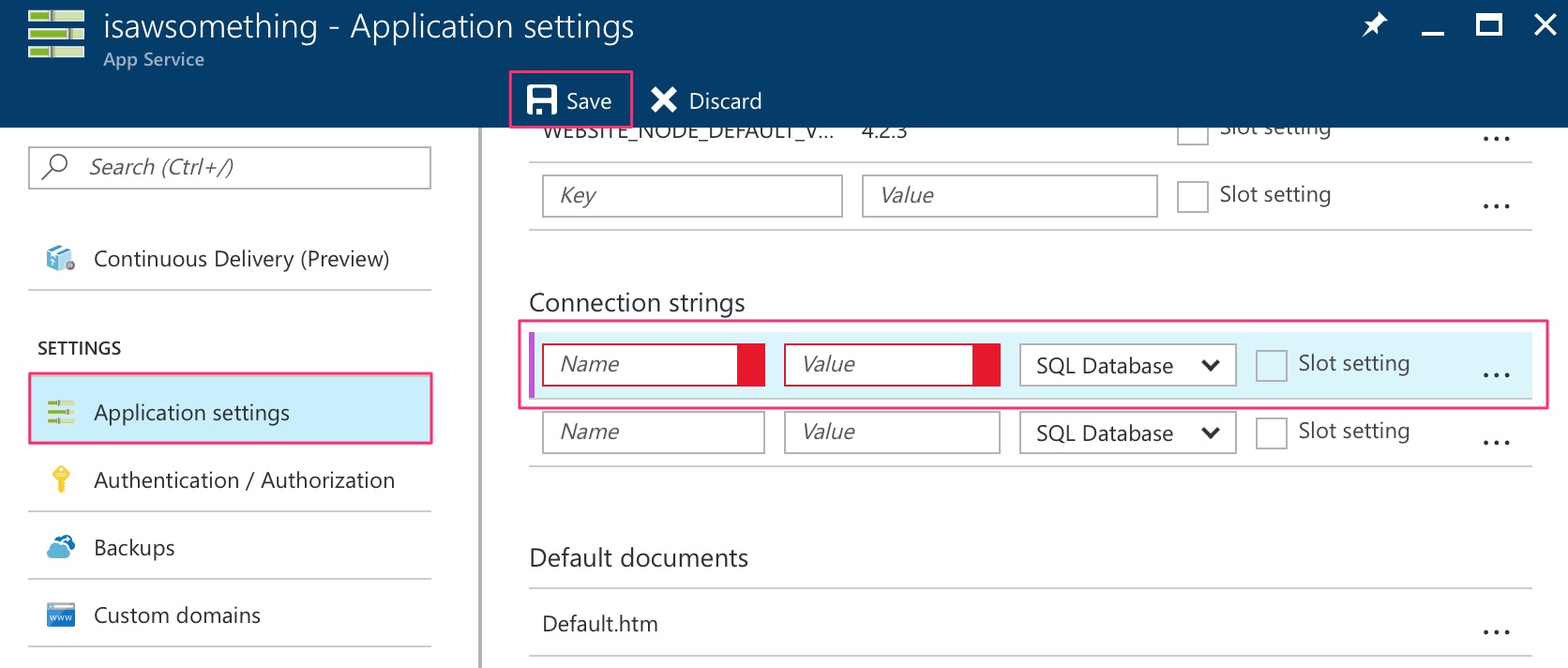 Setting application setting&rsquo;s connection string